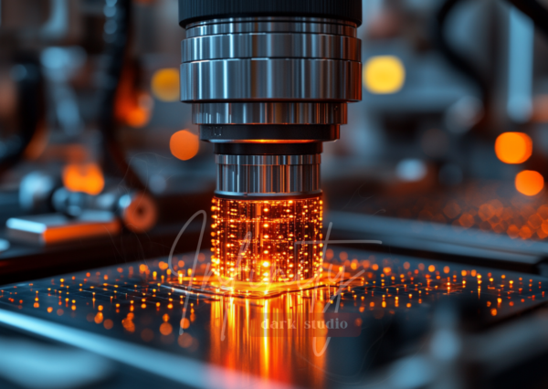 Futuristic laser core in a photonics lab glowing with advanced digital light – high-tech sci-fi artwork.