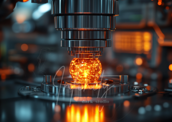 Futuristic laser device emitting glowing core energy in a photonics lab environment – cybernetic, high-tech digital art.