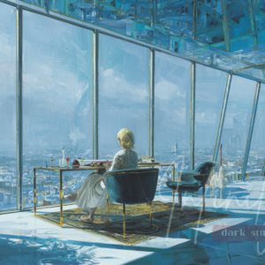 Solitary figure seated in a glass-walled interior overlooking a city, expressing calm, distance, and quiet contemplation.