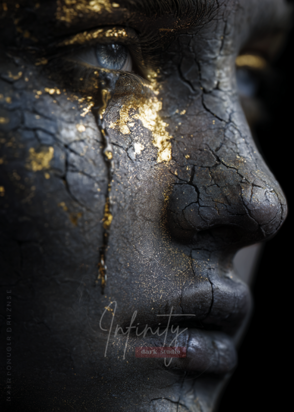 Side-profile digital portrait of a cracked stone face with subtle gold-filled fractures and a calm, introspective gaze.