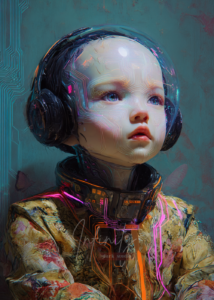 Cyborg child portrait with illuminated circuits, futuristic digital artwork exploring innocence, awareness, and post-human identity