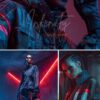 Cyberpunk-inspired urban fashion portrait with neon lighting, futuristic eyewear, and contemporary streetwear aesthetics.