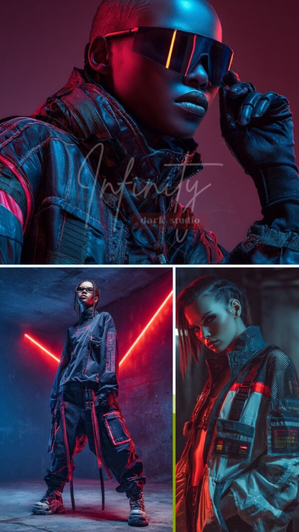 Cyberpunk-inspired urban fashion portrait with neon lighting, futuristic eyewear, and contemporary streetwear aesthetics.